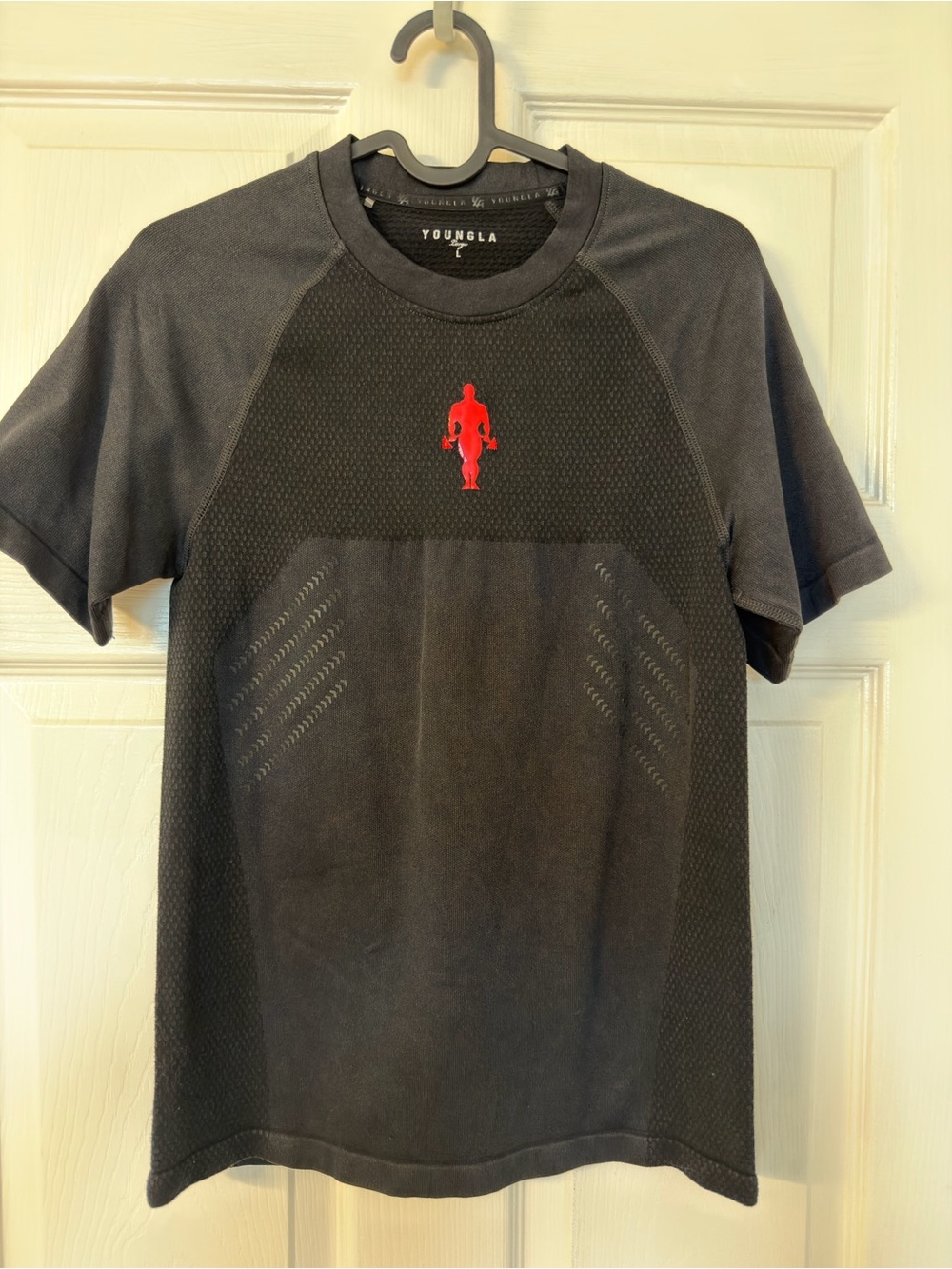 YoungLA Black Short Sleeve Performance compression Tee with Red Logo Goods Gym